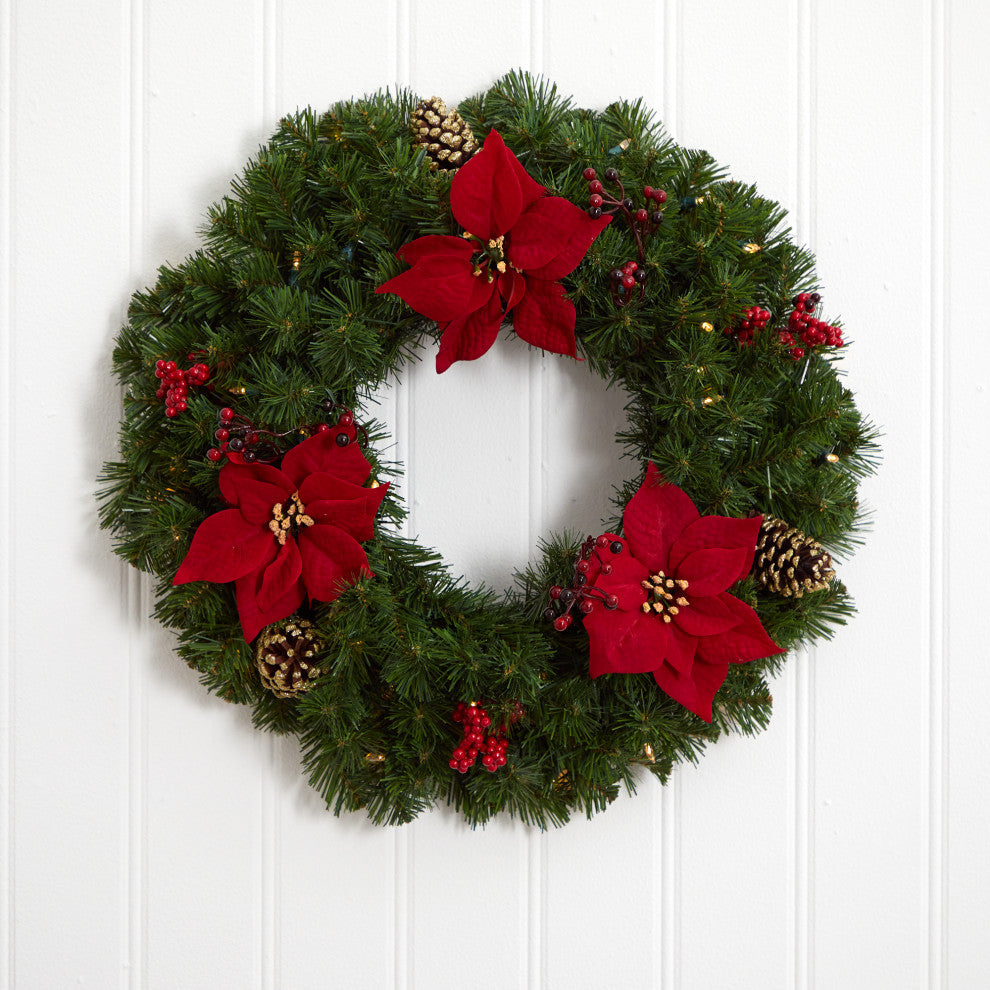 24" Poinsettia, Berry and Pinecone Faux Wreath With 50 Warm White LED Lights