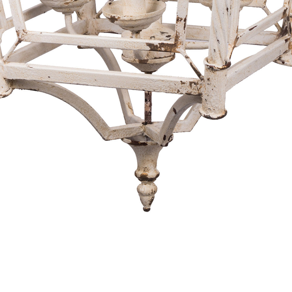 Benzara BM285215 Chandelier, Birdcage Design Iron, Farmhouse Weathered White