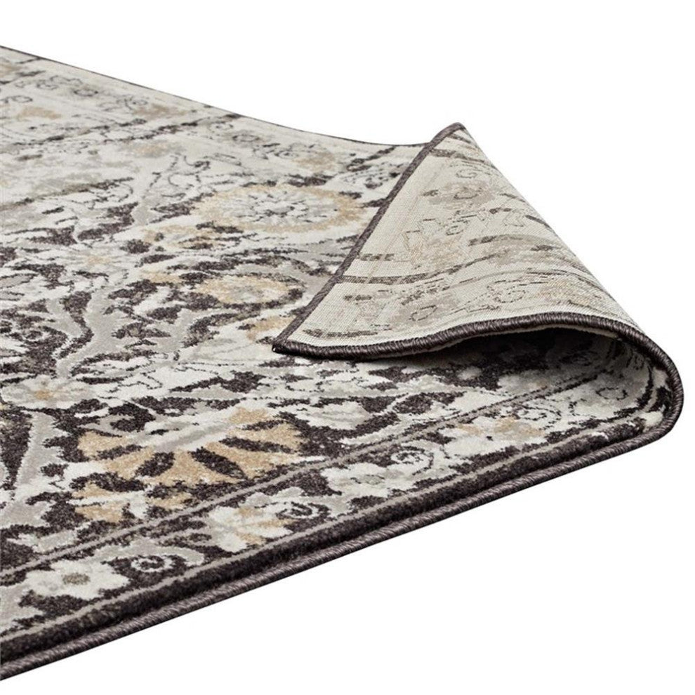 Ganesa Distressed Diamond Floral Lattice 5x8 Area Rug in Black and Beige