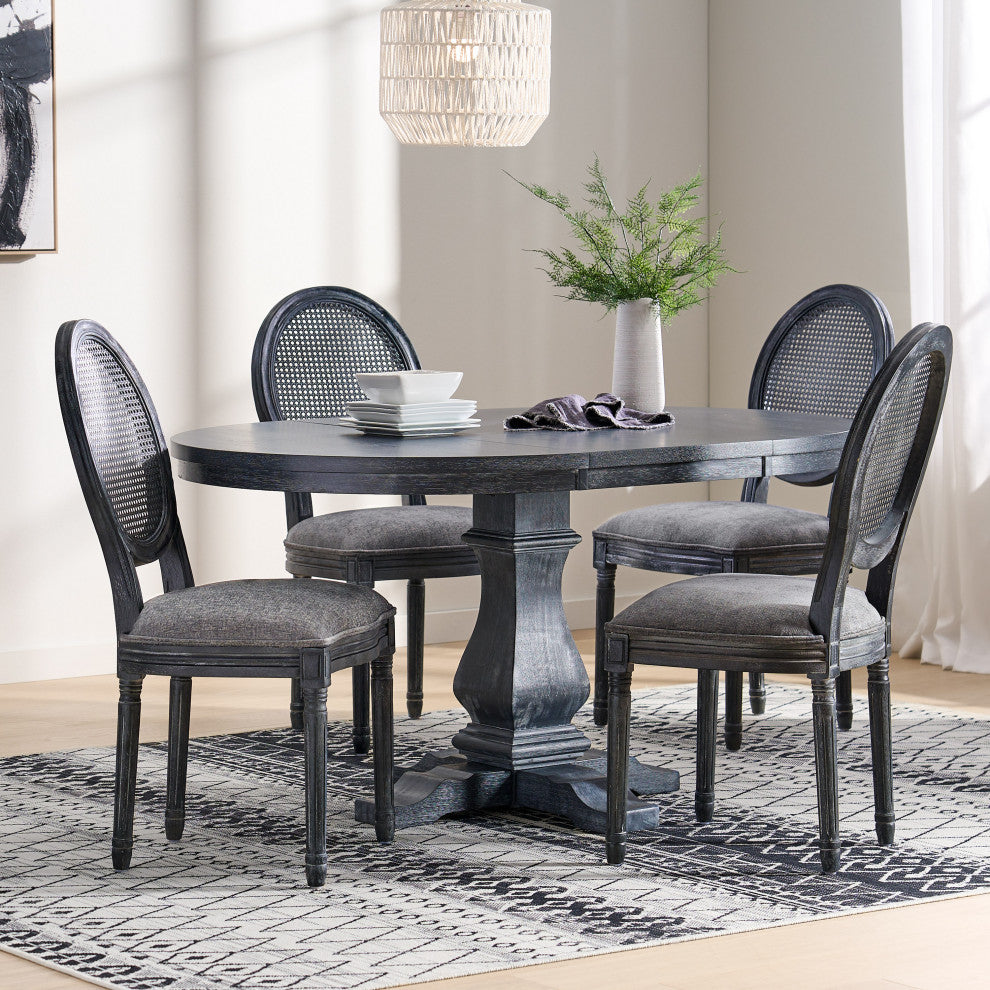 Lintz French Country Wood and Cane  5-Piece Expandable Oval Dining Set, Gray/Gray, Fabric