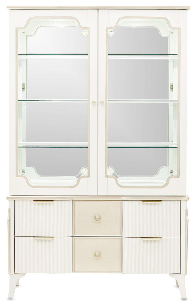 Full front view with glass doors and lower drawers; on white background