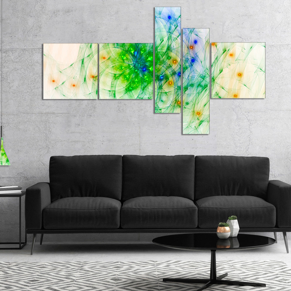 Green Outline of Fractal Colors, Abstract Wall Art Canvas, 60"x32", 5 panels