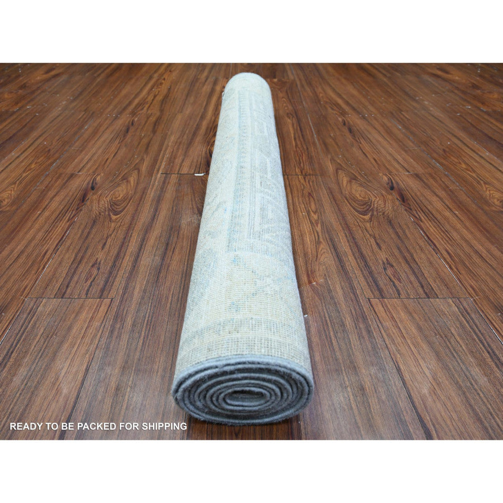 Cadet Gray Hand Knotted Washed Out Peshawar Wool Wide Runner Rug, 3'9"x9'9"