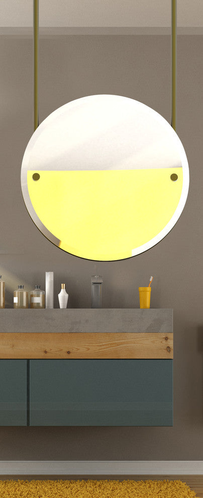 Frameless Round Ceiling Hung Mirror with Beveled Edge, Satin Chrome