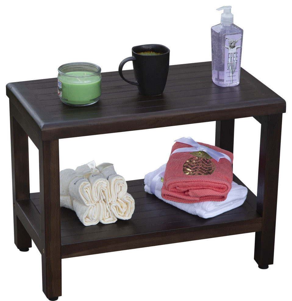HomeRoots Rectangular Teak Shower Bench With Shelf, Brown Finish