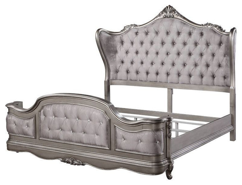 Acme Ausonia California King Bed, Velvet & Antique Platinum Finish
