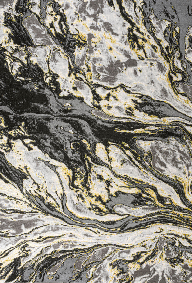 Swirl Marbled Abstract Area Rug, Black/Yellow, 4 X 6
