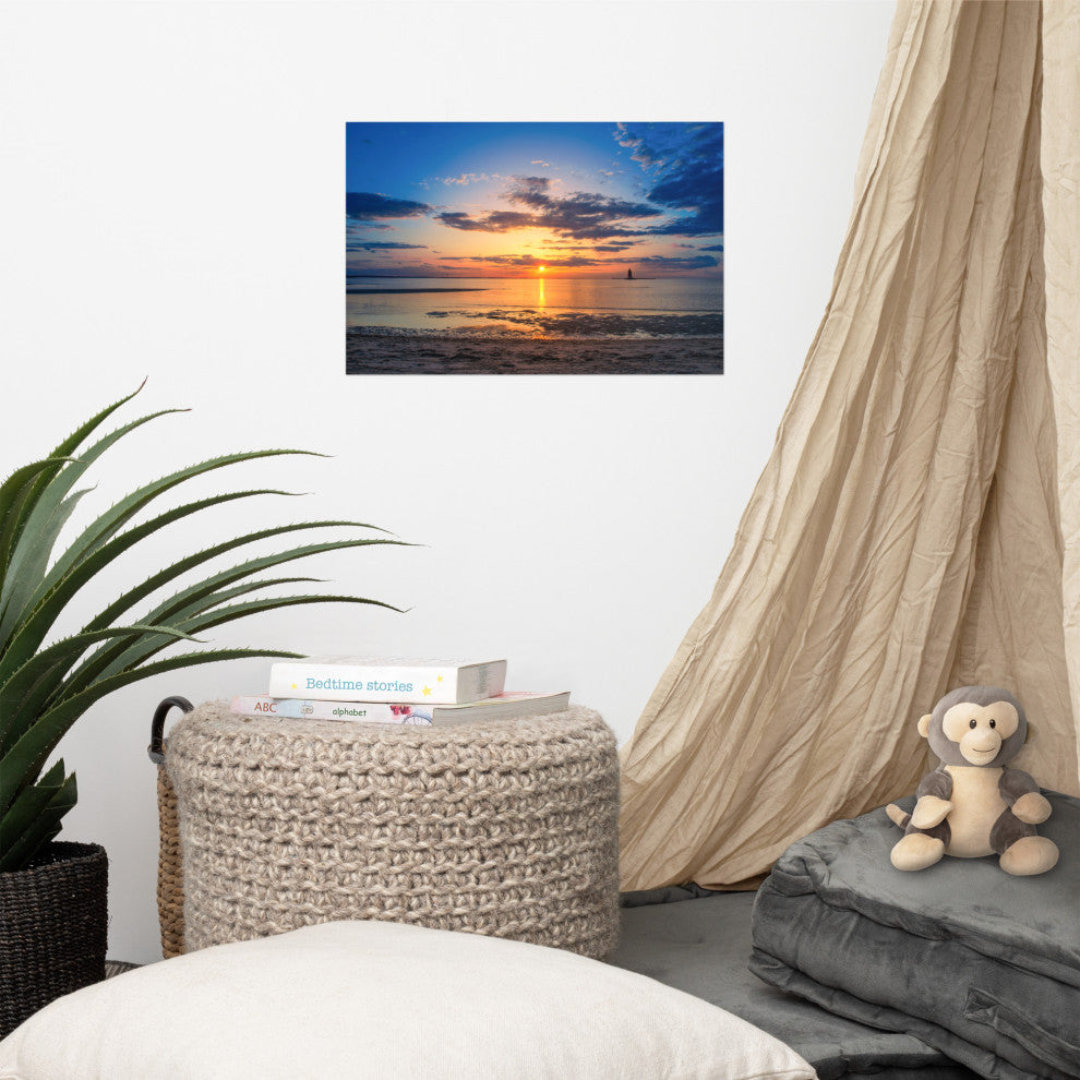 Sunset at Breakwater Lighthouse Coastal Landscape Unframed Wall Art Print, 12" X 18"