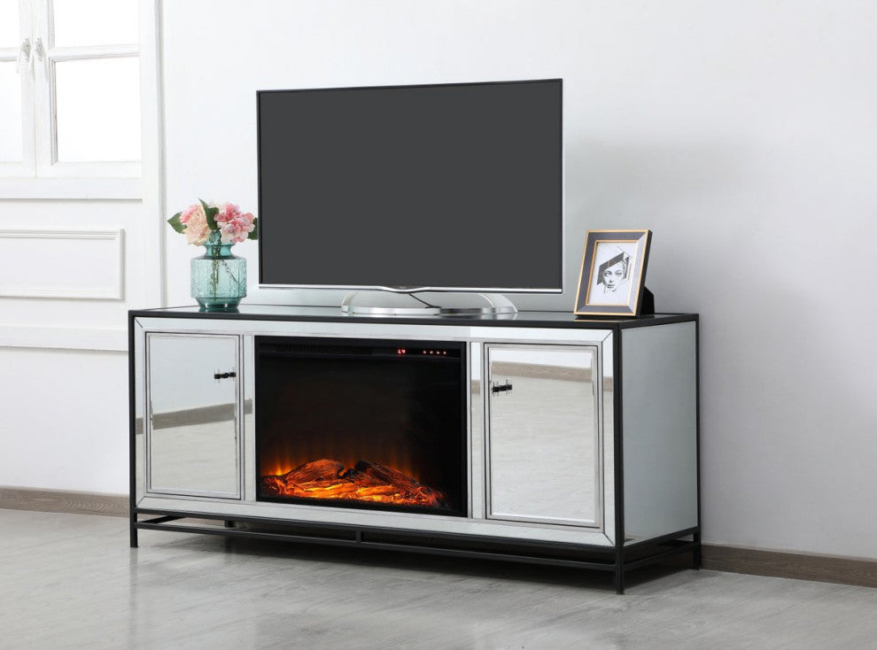 Jesse 60" Mirrored TV Stand With Wood Fireplace, Black