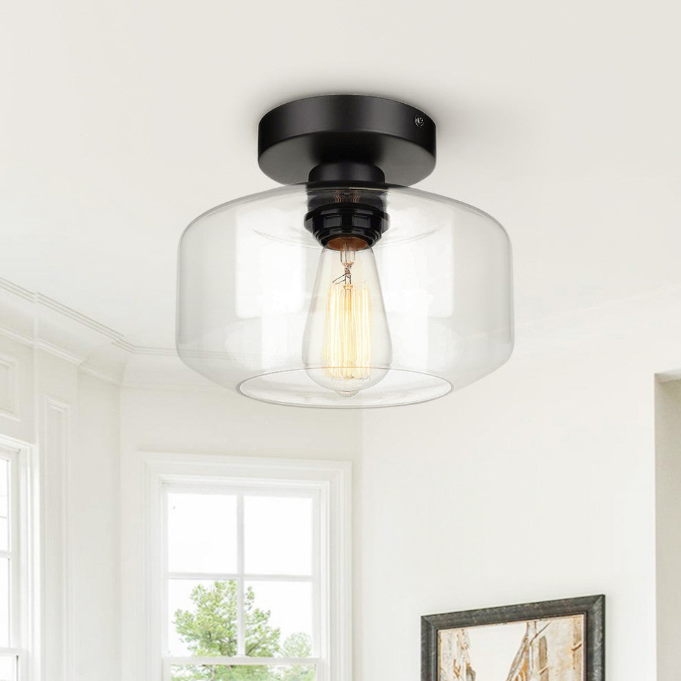 1-Light Drum Glass Shaded Semi Flush Mount
