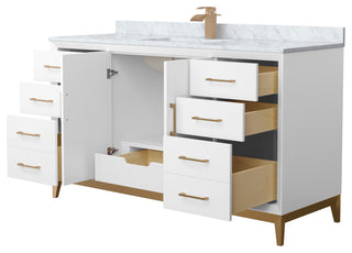 Amici 60" White Single Vanity, White Carrara Marble Top, Satin Bronze Trim