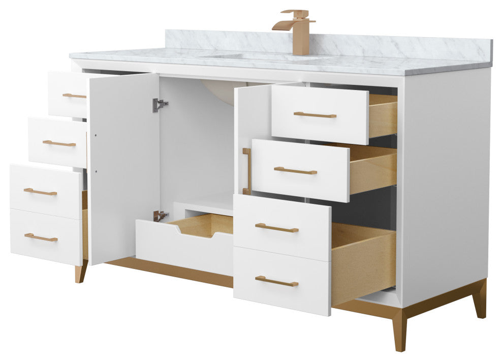 Amici 60" White Single Vanity, White Carrara Marble Top, Satin Bronze Trim
