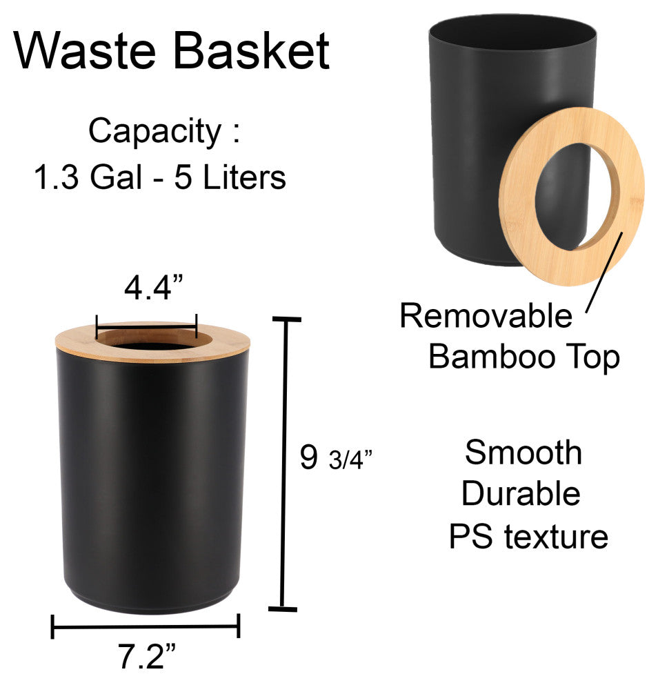 Black Bathroom Trash Can PADANG Bamboo Top 1.3 Gal- 5 Liters