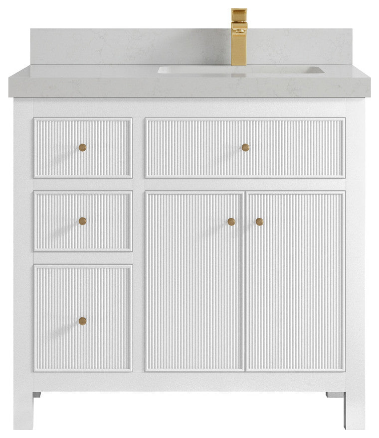 Sonoma 36 Right Offset Reeded  Bath Vanity in White 2" Carrara Quartz