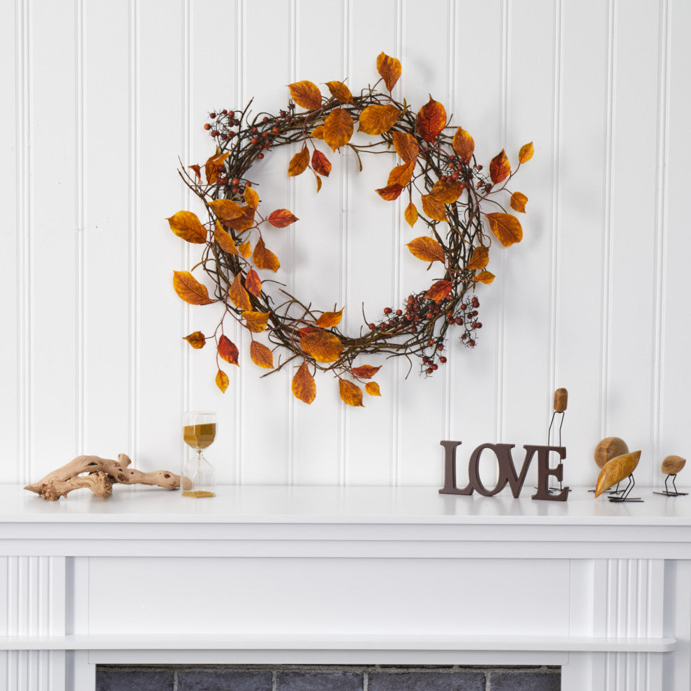 19" Harvest Leaf, Berries and Twig Artificial Wreath