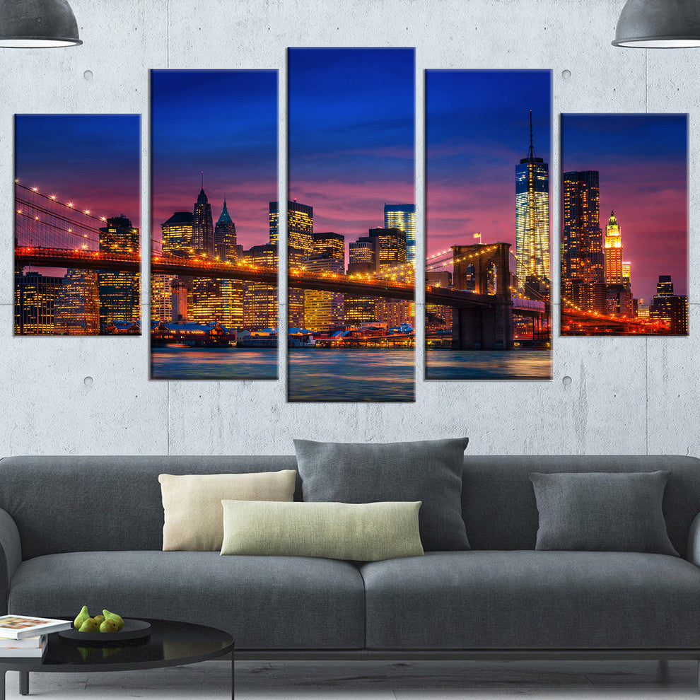 Manhattan with Lights and Reflections, Blue, Canvas Print, 60"x32", 5 Panels