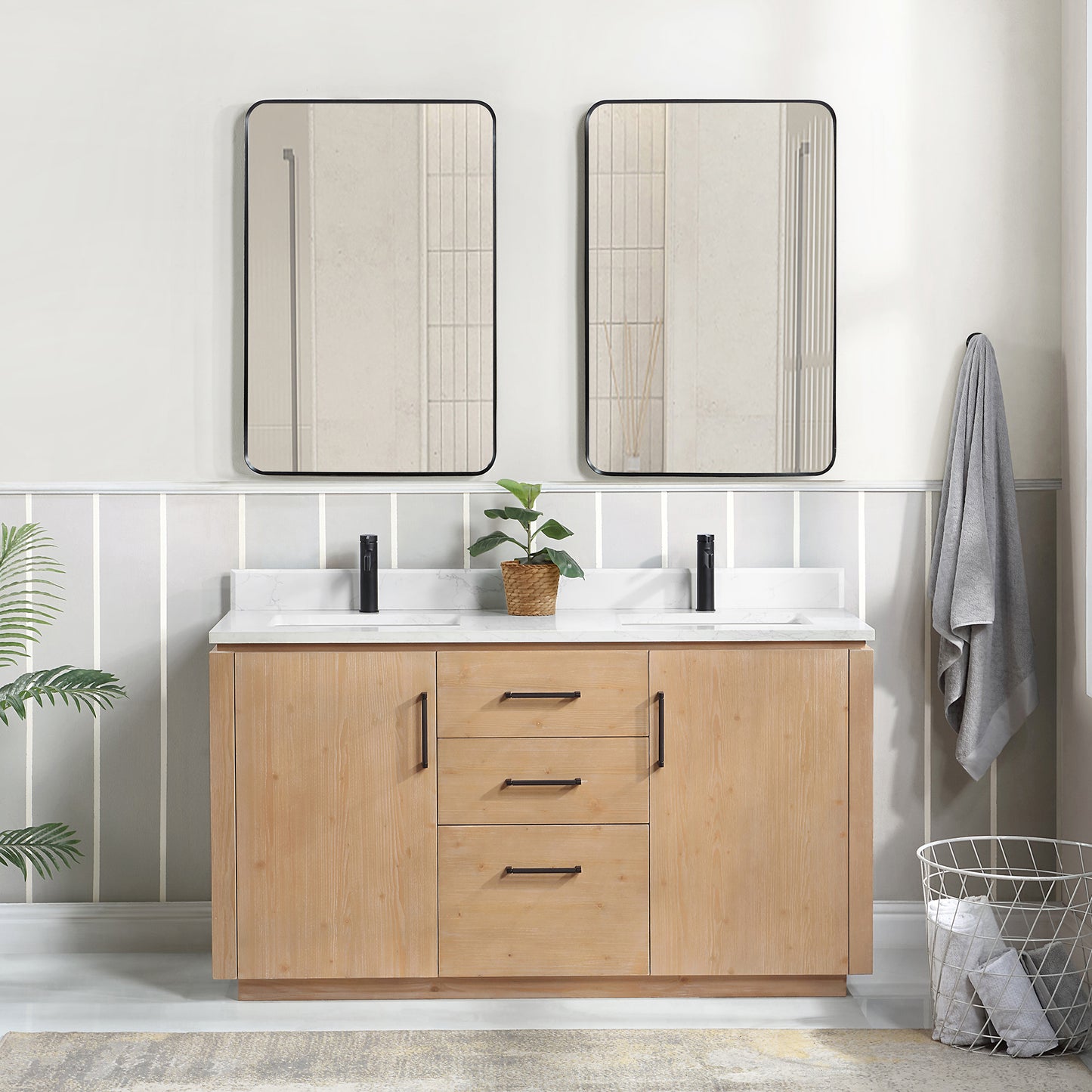San Bath Vanity with Stone Top, Fir Wood Brown, 60" Double Sink, Double Vanity, No Mirror