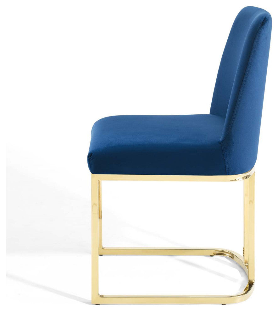 Side Dining Chair, Velvet, Metal, Gold Blue Navy, Modern, Cafe Bistro Restaurant