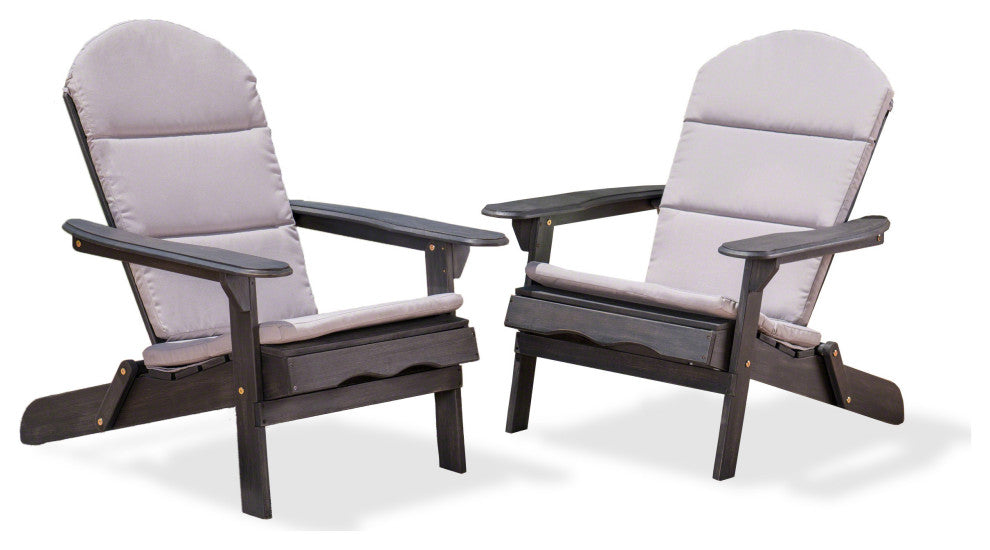 Outdoor Acacia Wood Folding Adirondack Chairs, Cushions, Set of 2, Dark Gray/Gray