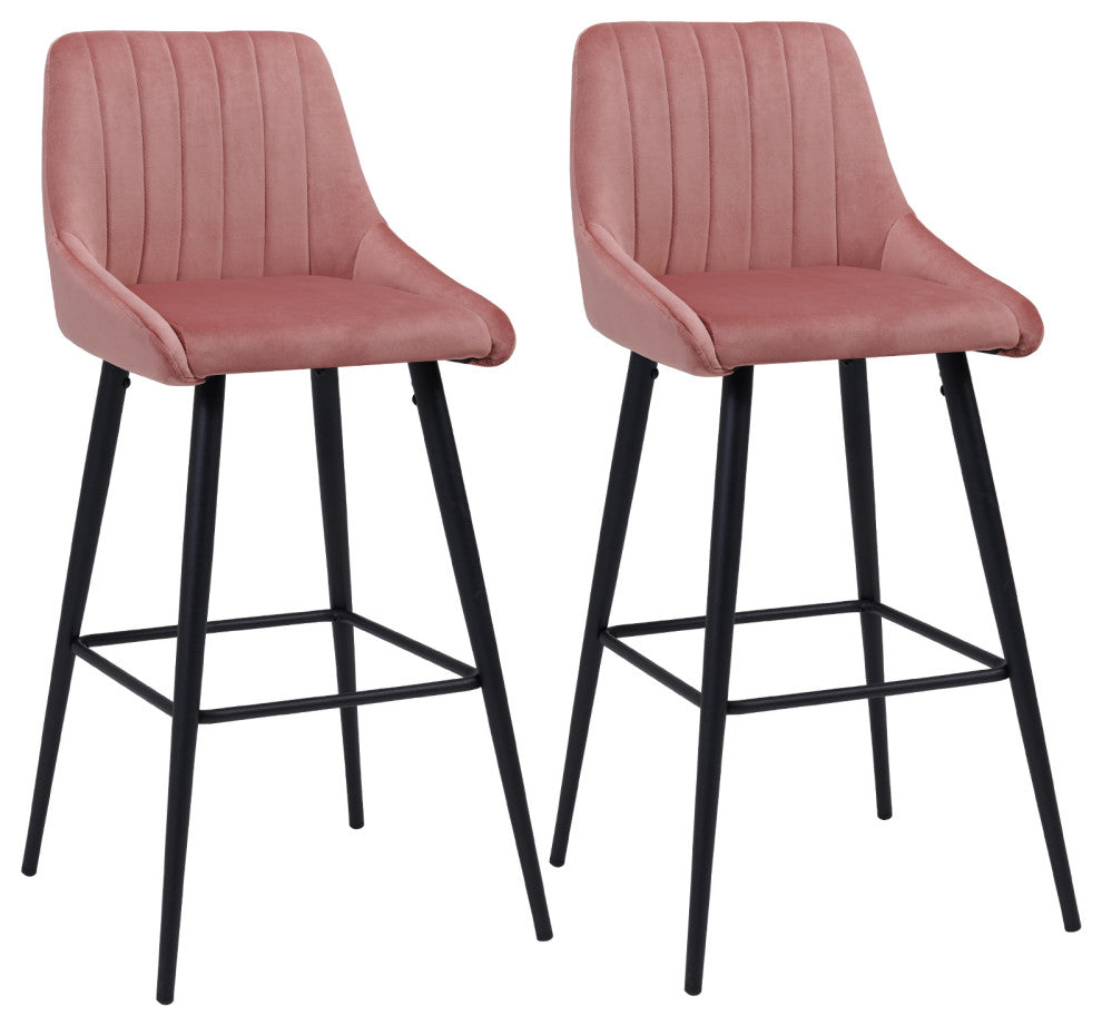 Set of 2 Vertical Channel Tufted Velvet Bar Stools, Pink, 30 Inch