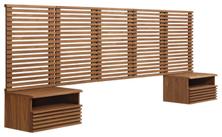 Render Wall Mount Queen Headboard and Modern Nightstands, Walnut