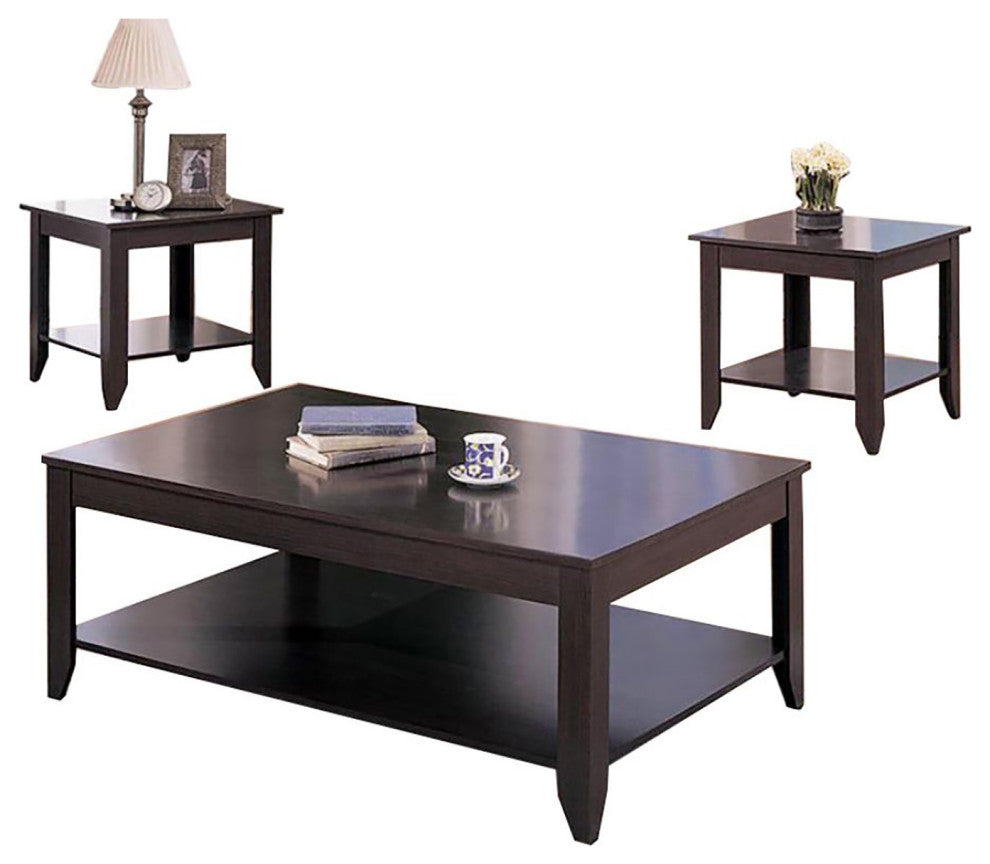 3 Piece Wood Table Set With Bottom Shelf, Cappuccino