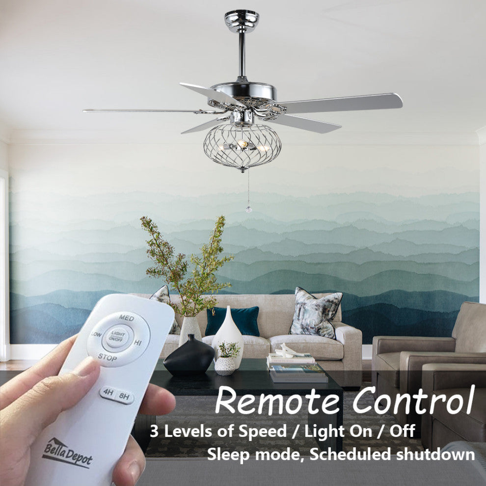 Chrome Modern Industrial Ceiling Fan with Remote Control, 3-Speed Reversible, 42 in.