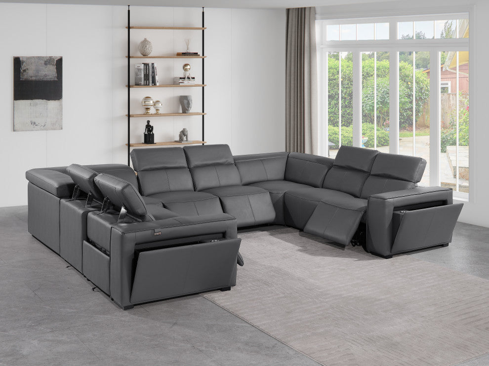 Niccolo Italian Leather 8-Piece U-Shaped 4 Power Reclining Sectional, Dark Gray