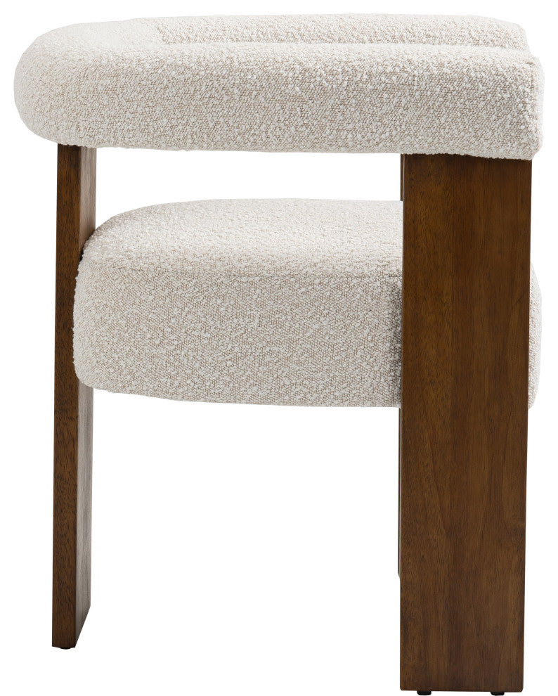 Barrel Boucle Fabric Upholstered Dining Chair, Cream, Walnut Finish