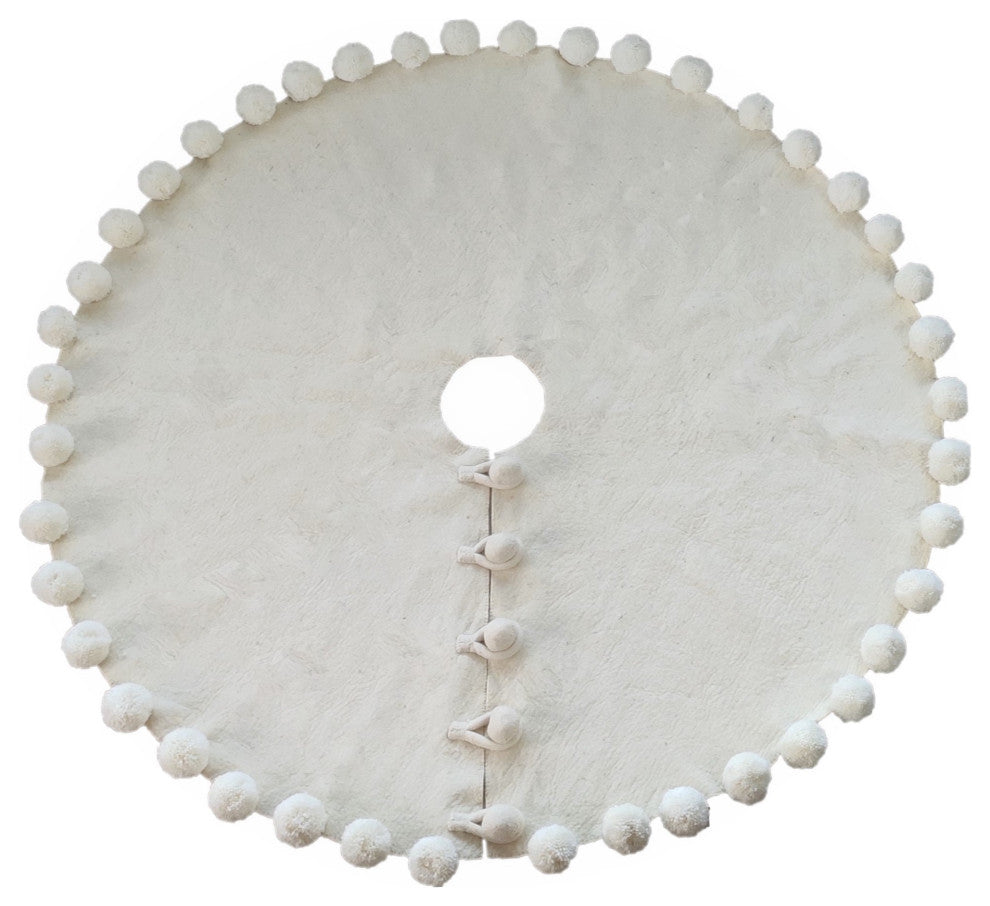 Handmade Felt Christmas Tree Skirt, Cream Pom Poms on Cream, 63"