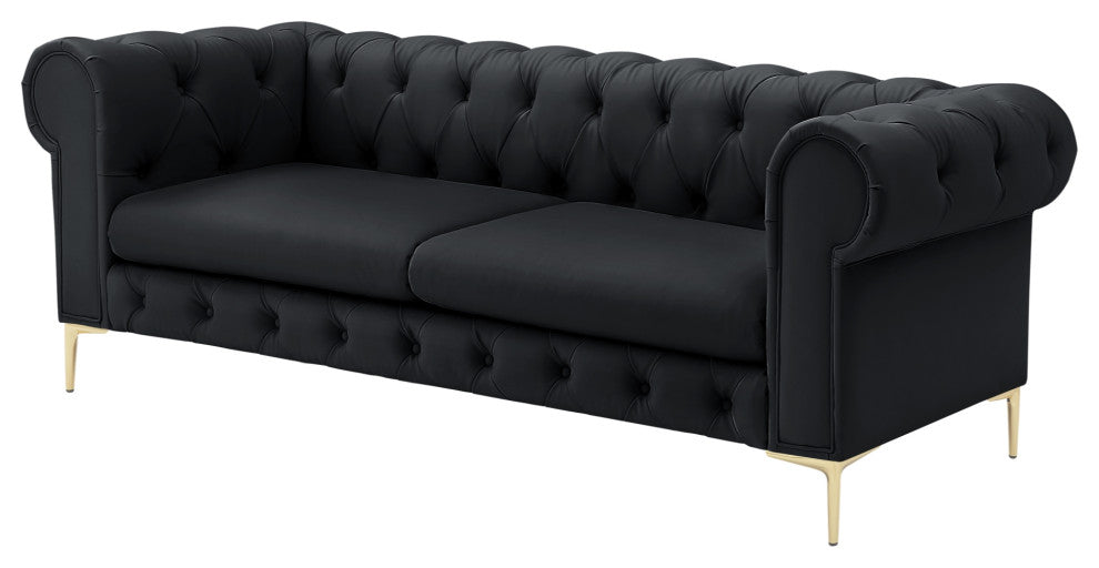 Nicole Miller Geraldine Sofa Button Tufted, 3 Seat, Black Leather PU
