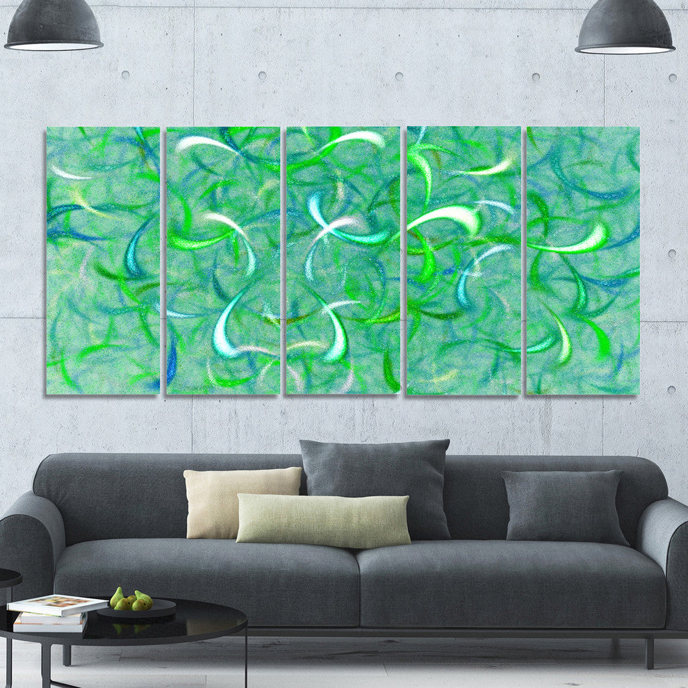 Green Watercolor Fractal Pattern, Abstract Art on Canvas, 60"x28", 5 Panels