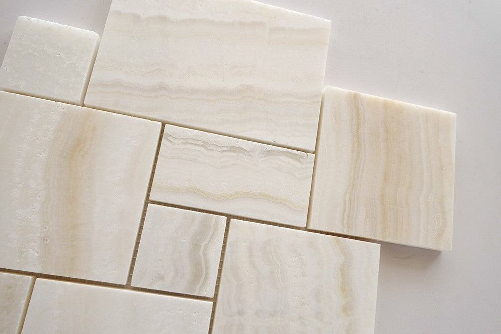 Premium White Onyx VEIN-CUT 4-Pieced OPUS Mini-Pattern Polished Mosaic Tile