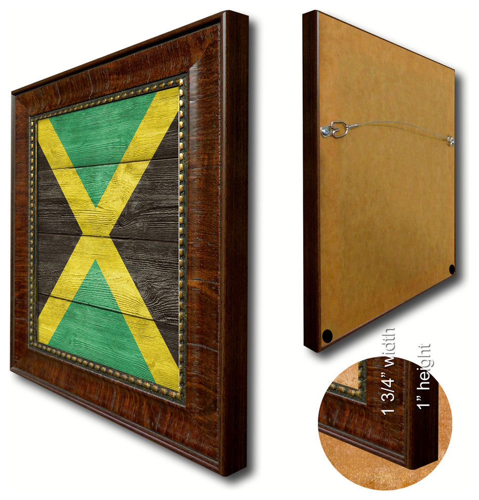 Jamaica Country Textured Flag Print With Brown Gold Frame, 19"X27"