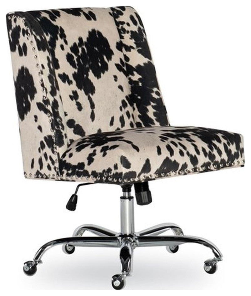 Linon Draper Wood Upholstered Office Chair in Black Cow Print