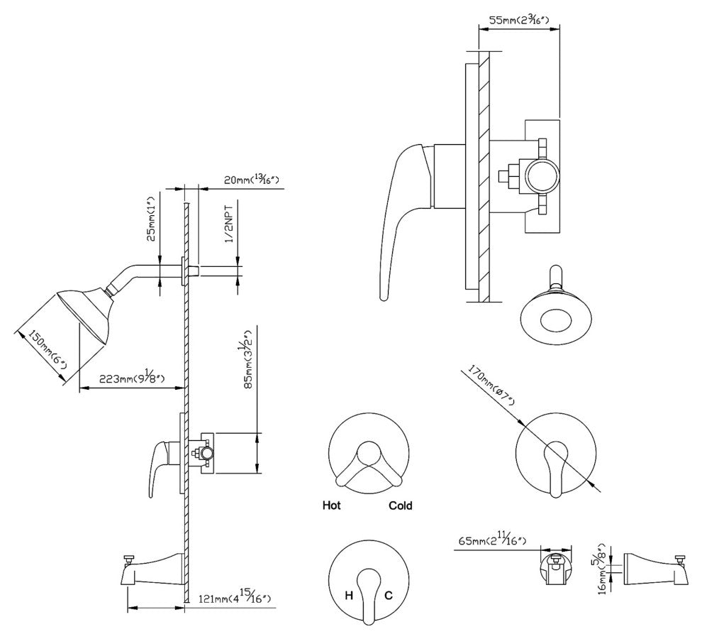 Tub and Shower Faucet Set with Rough-in Valve and Multi-function Showerhead, Bru