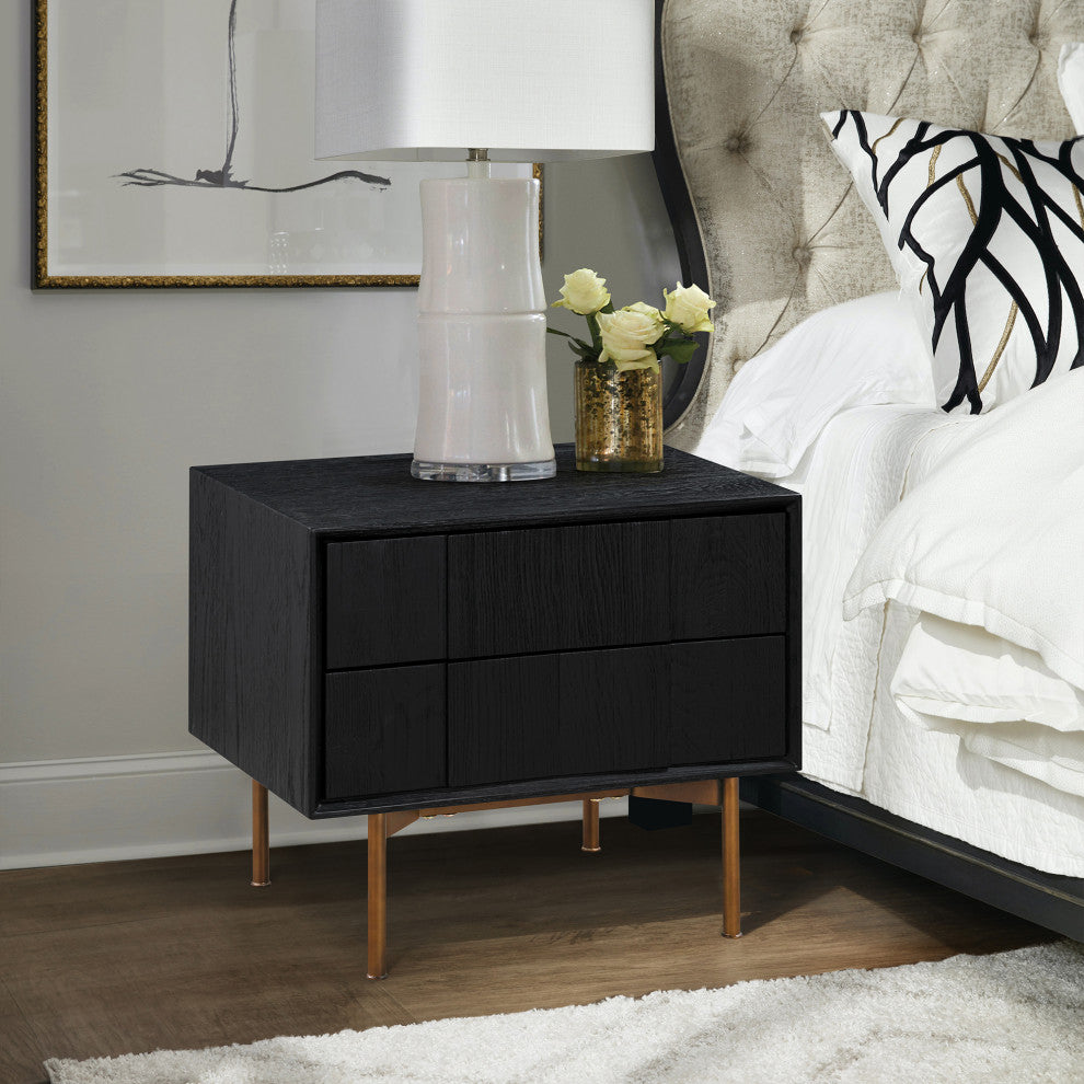 Carnaby 2 Drawer Nightstand, Black Brushed Oak And Bronze