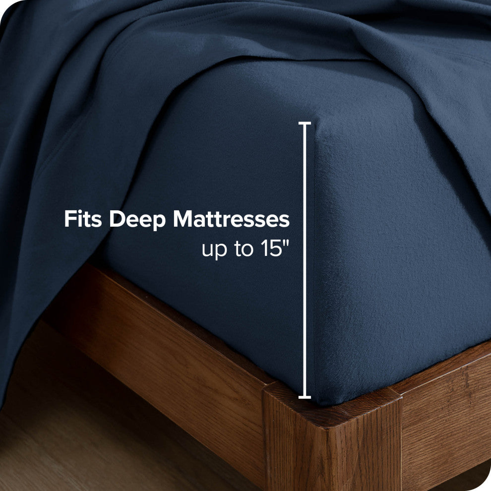 Bare Home Flannel Fitted Bottom Sheet, Dark Blue, Queen, Set of 2