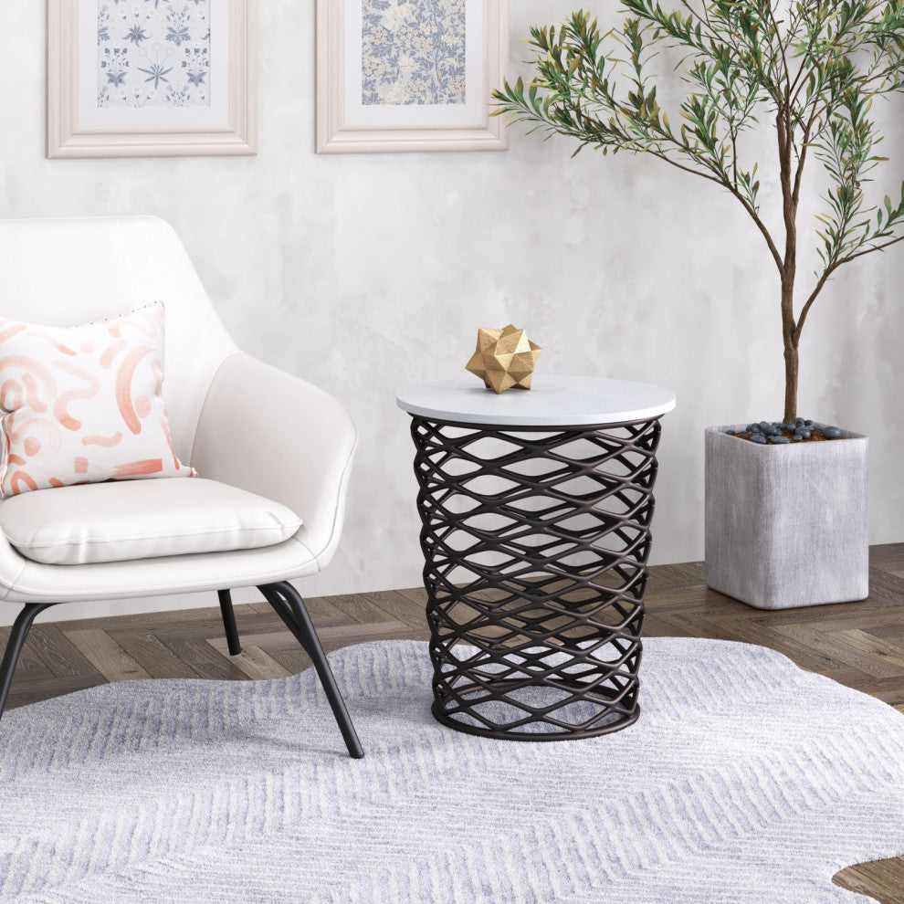 Sofa Side Table, Round, Artificial Marble, Aluminum Metal, White, Antique Black