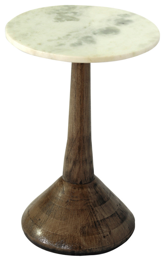 White Marble and Dark Mango Pedestal End or Side Table