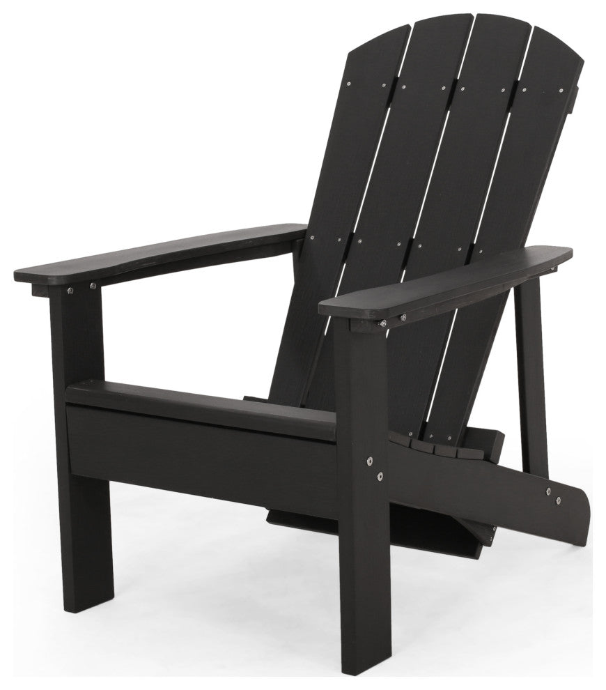 Ulises Outdoor Faux Wood Adirondack Chair With Retractable Ottoman, Black