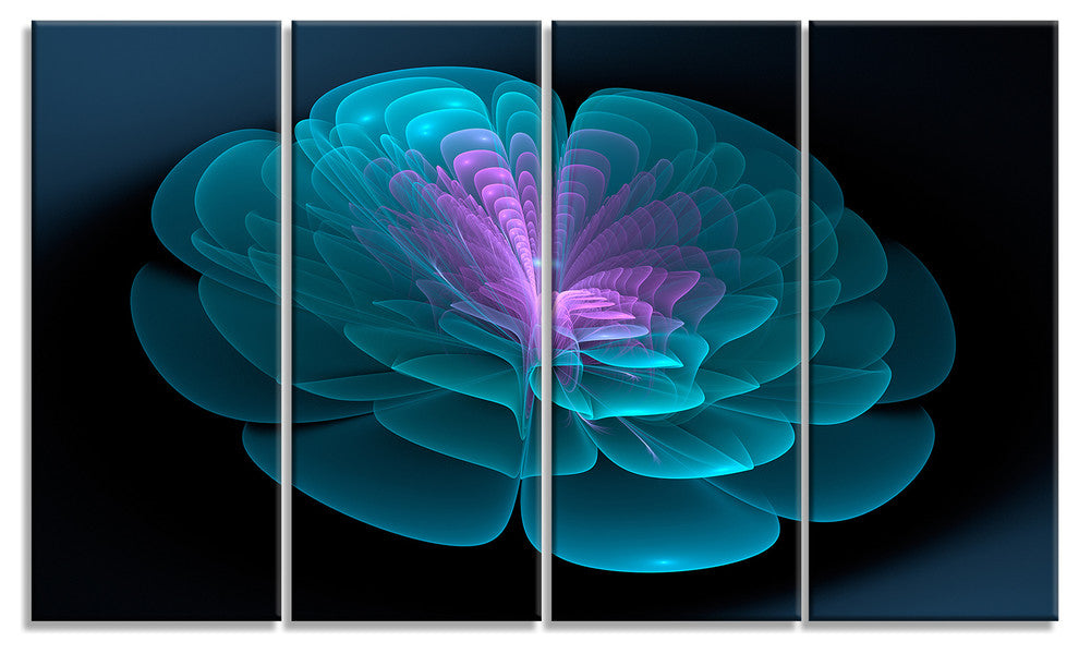 Abstract Blue Floral Fractal Background, Floral Wall Art, 48"x28", 4 Panels