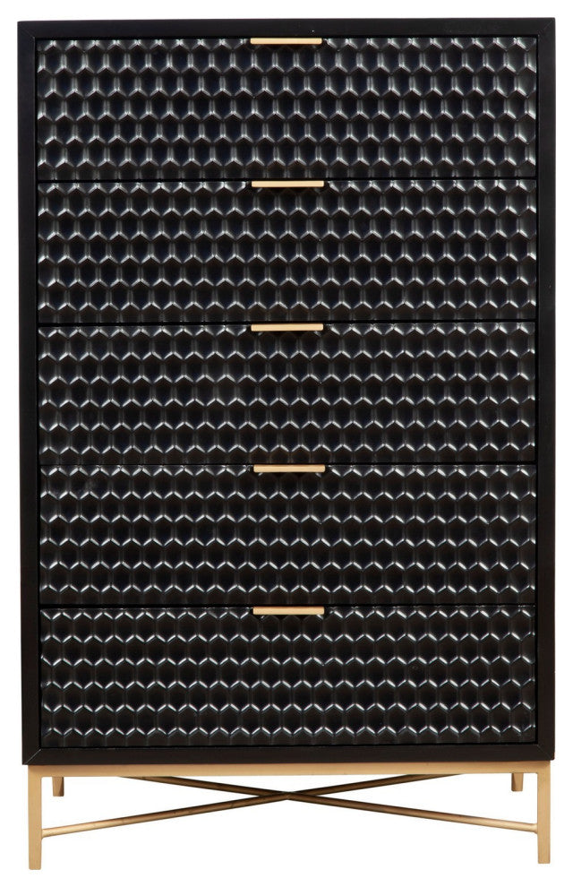 Benzara BM284294 5 Drawer Tall Dresser Chest, Honeycomb Panels, Black, Gold
