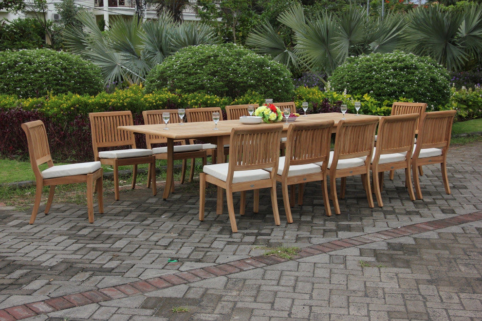 13-Piece Teak Dining Set, 117" Rectangle Table, 12 Arbor Stacking Armless Chairs