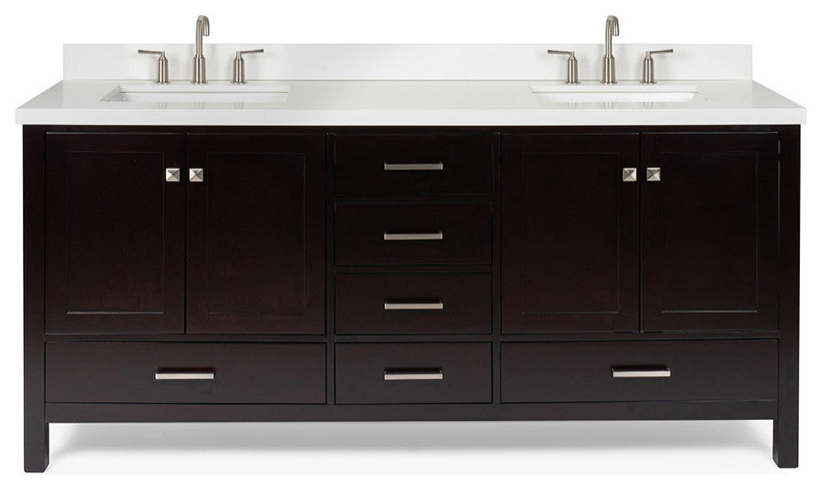 ARIEL Cambridge 73" Double Rectangle Sink Espresso Vanity Quartz Top, No Mirror