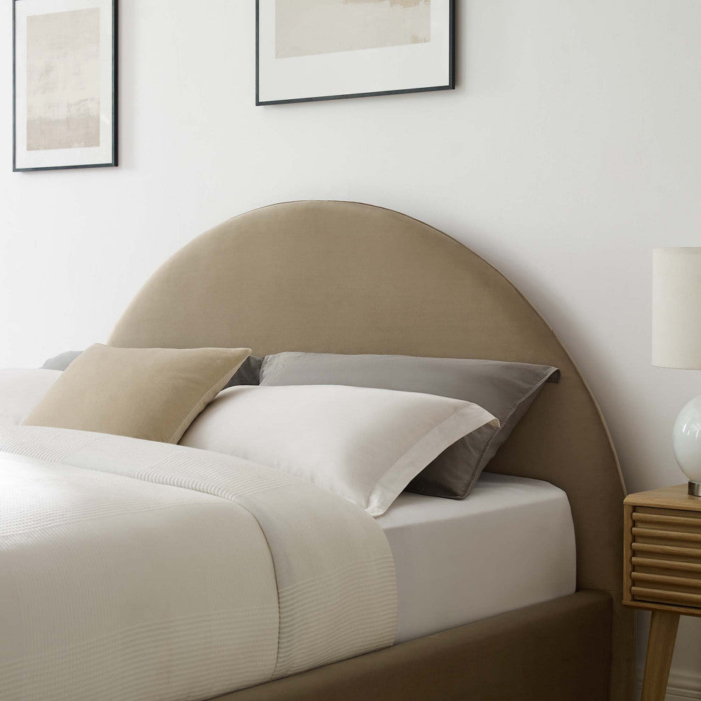 Resort Performance Velvet Arched Round King Platform Bed, Taupe