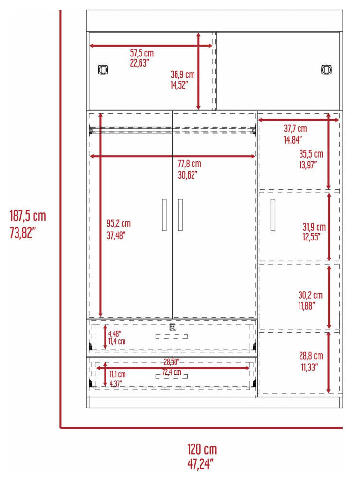 Tucson Modern Bedroom Armoire, with Two Drawers, Three Large Cabinets - White