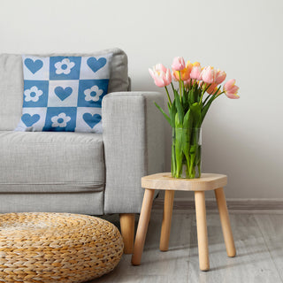 Heart And Flowers Grid Decorative Throw Pillow, Chambray, 26"x 26"