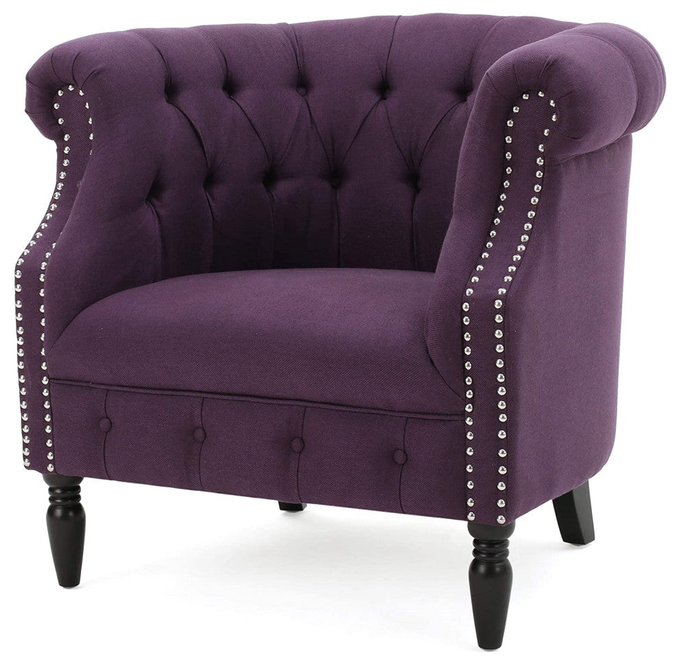 Elegant Plum Velvet Armchair with Tufted Back and Studded Scroll Arms