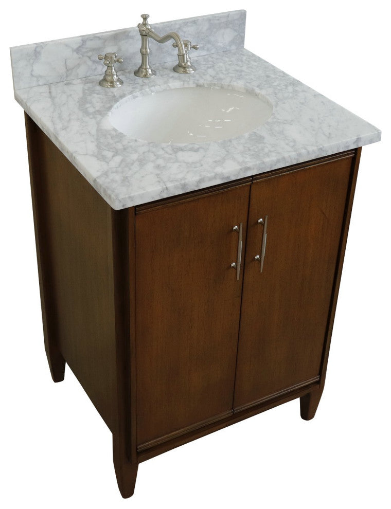25" Single Sink Vanity, Walnut Finish, White Carrara Marble and Oval Sink